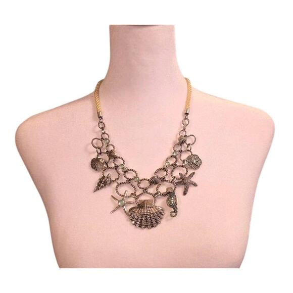 Signed Charming Charlie Khaki Rope& Sky Blue Silver Beach Theme Necklace - Picture 1 of 4